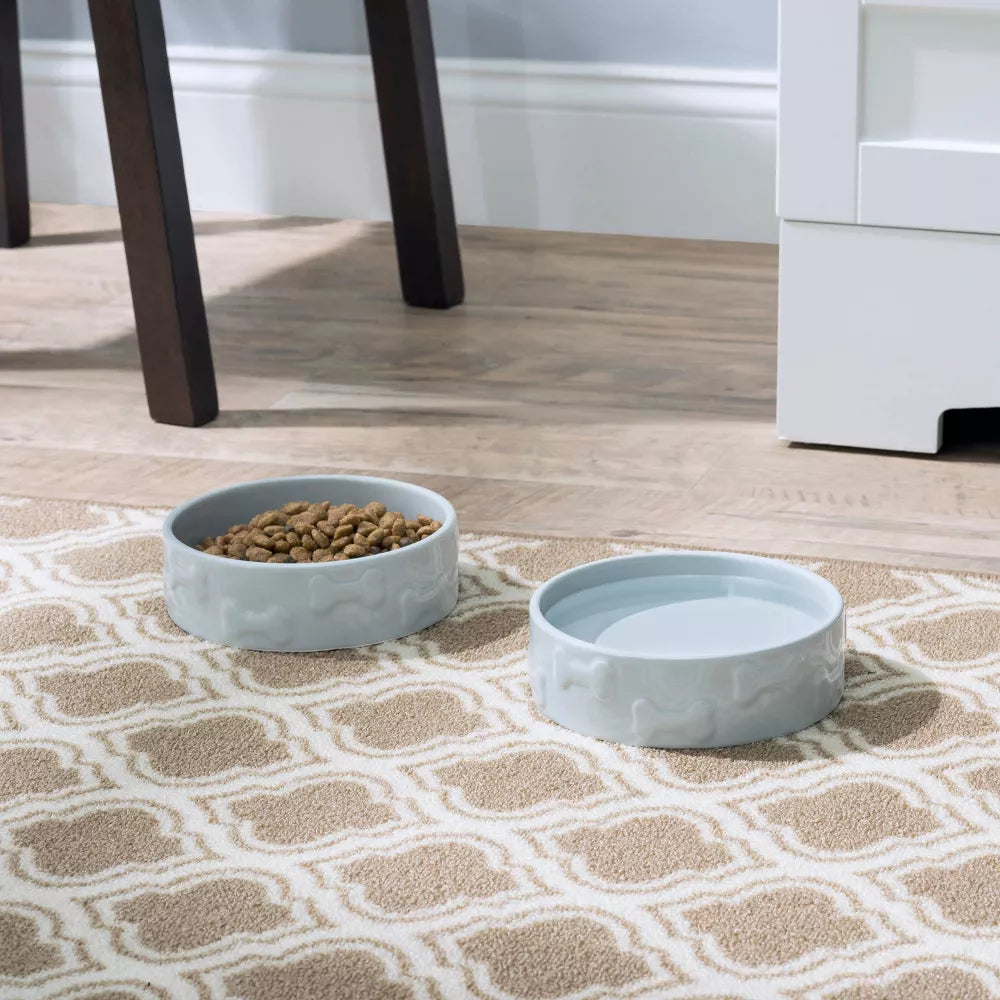 2Pcs Bone Embossed Dog Daily Feeding Bowl Set