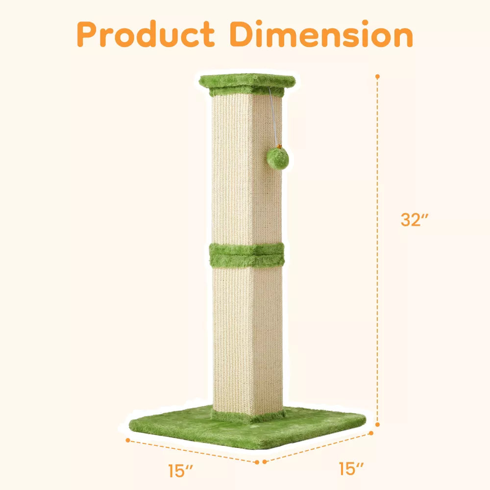 32 Inch Tall Sisal Cat Scratching Post With Hanging Plush Ball