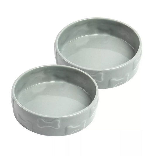 2Pcs Bone Embossed Dog Daily Feeding Bowl Set